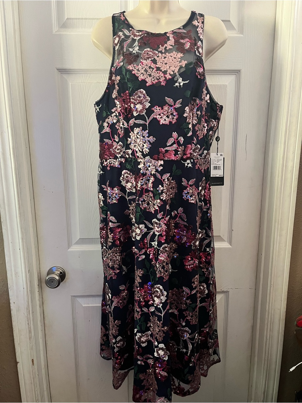 NWT Adrianna Papell Navy Midi Dress with Pink Floral Sequins Size 14
